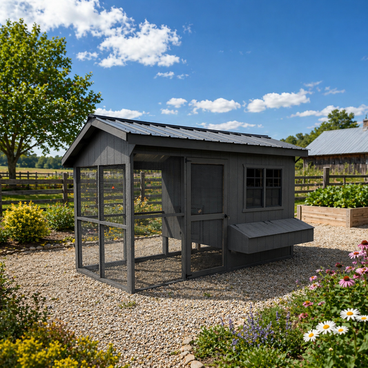 Grey chicken coop with a black metal roof on a farm in Ontario