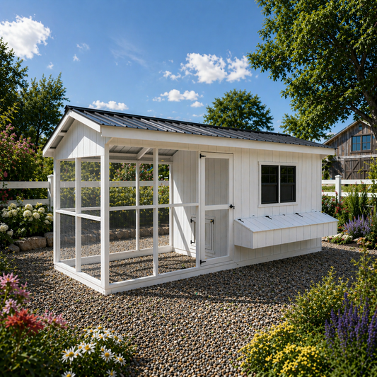 White chicken coop with a black metal roof on a farm in Ontario
