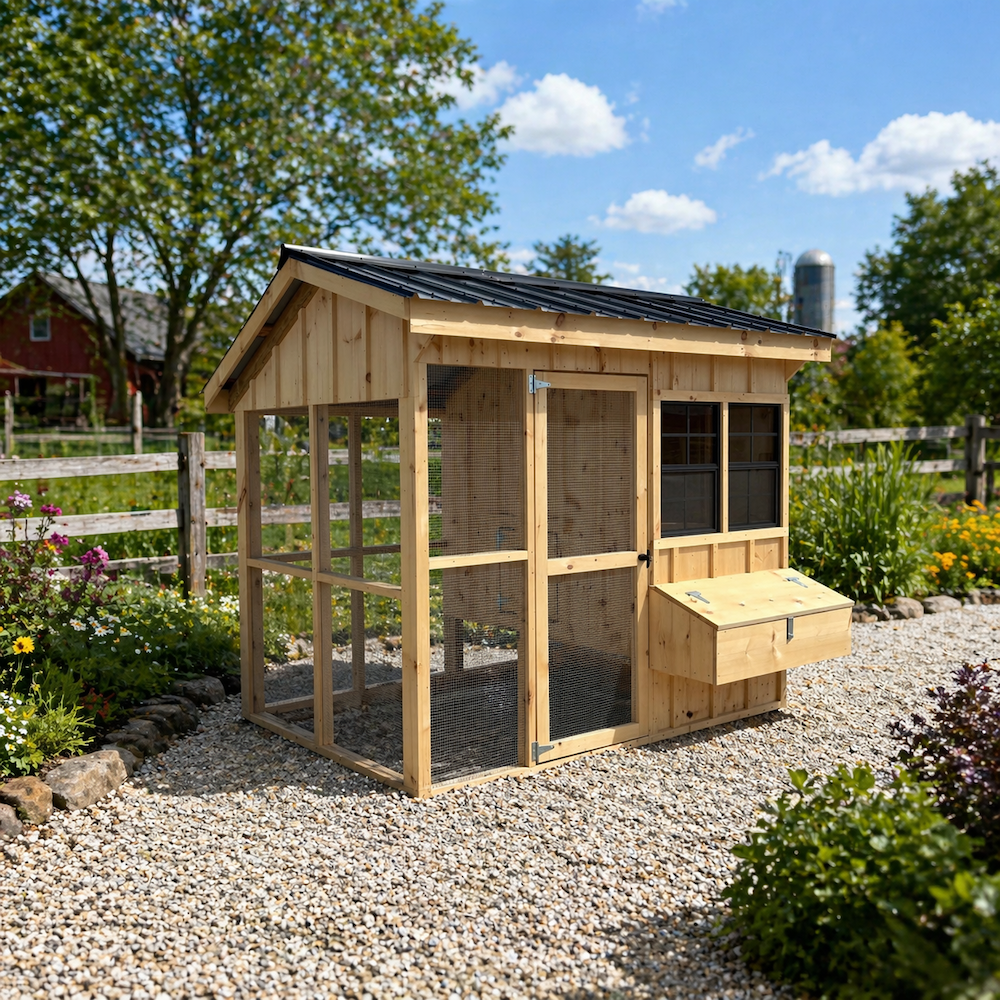 Board and batten chicken coop with a black metal roof on a farm in Ontario