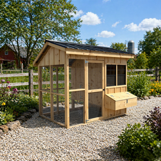 Board and batten chicken coop with a black metal roof on a farm in Ontario